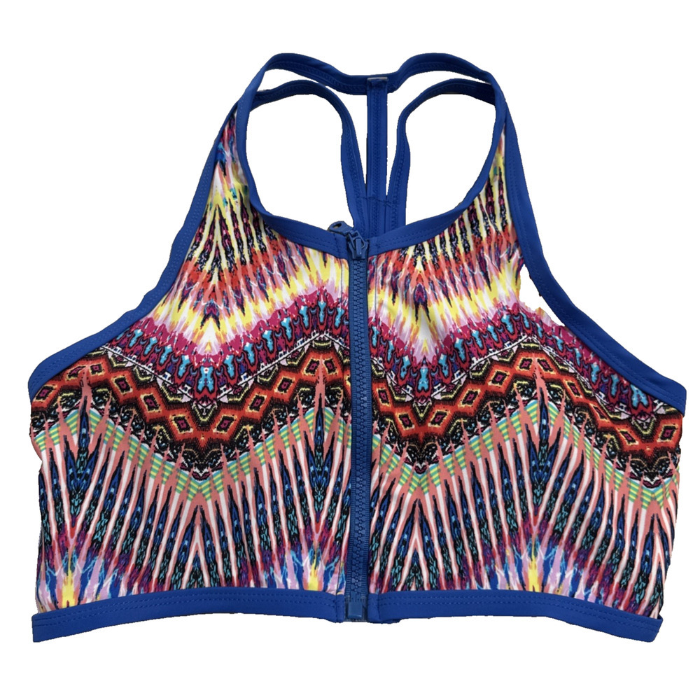 TiniBikini Size M Zip Front Swim Top Removable Pads Royal Blue Geometric